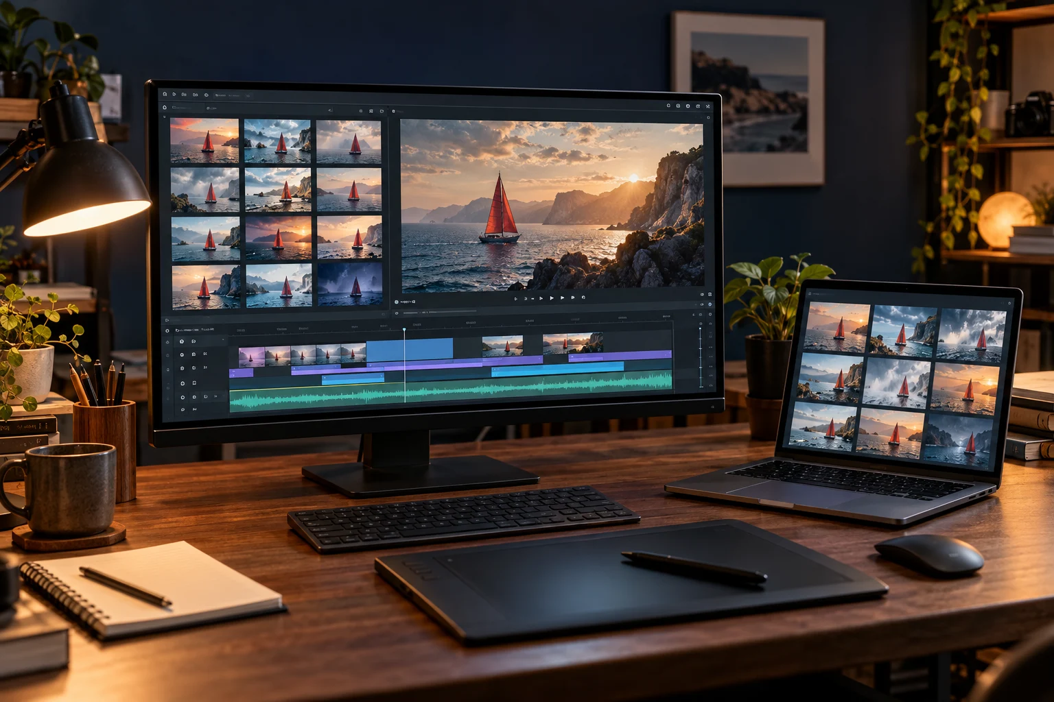 AI-generated illustration of a creator workstation with a video editing timeline