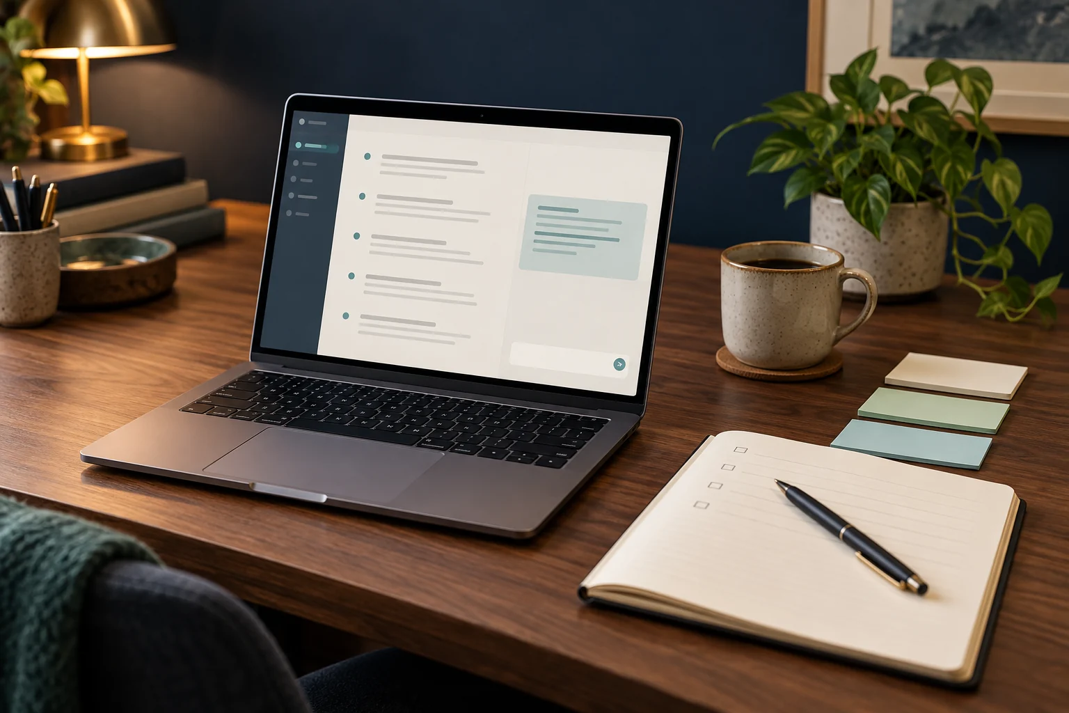 AI-generated image of a prompting workspace with a laptop, notebook and planning cards