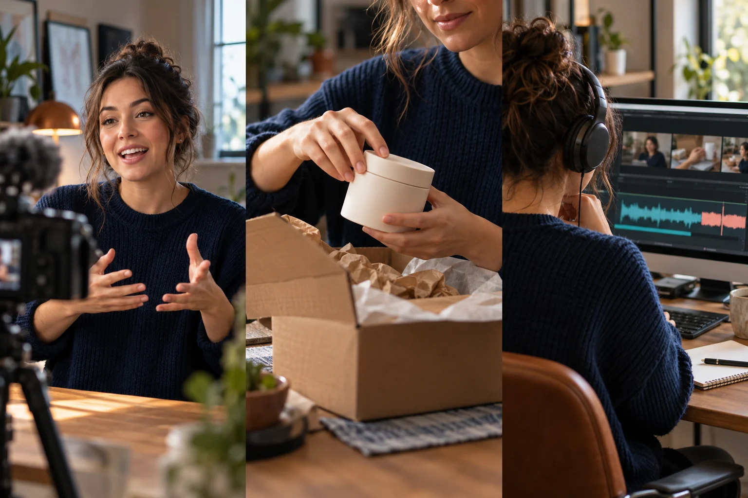 Creator shown making face-to-camera, hands-only product demonstration and voice-over UGC content
